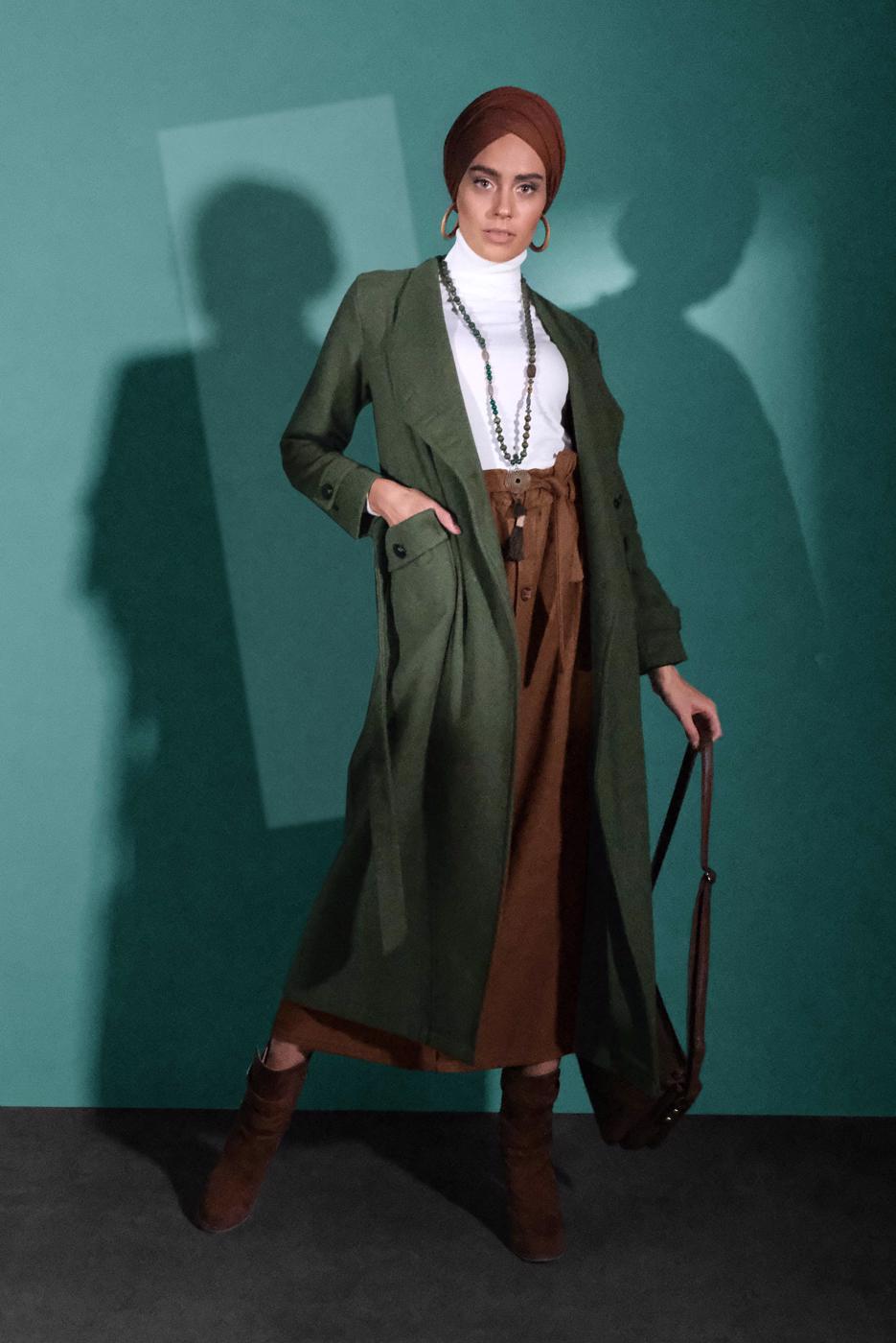 Tesettür giyim HAKİ BELDEN KUŞAKLI PAMUKLU KAŞE KABAN  5945  