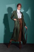 Tesettür giyim HAKİ BELDEN KUŞAKLI PAMUKLU KAŞE KABAN  5945  