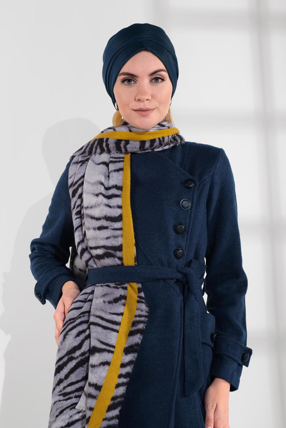 Tesettür giyim MAVİ BELDEN KUŞAKLI PAMUKLU KAŞE KABAN  5945  