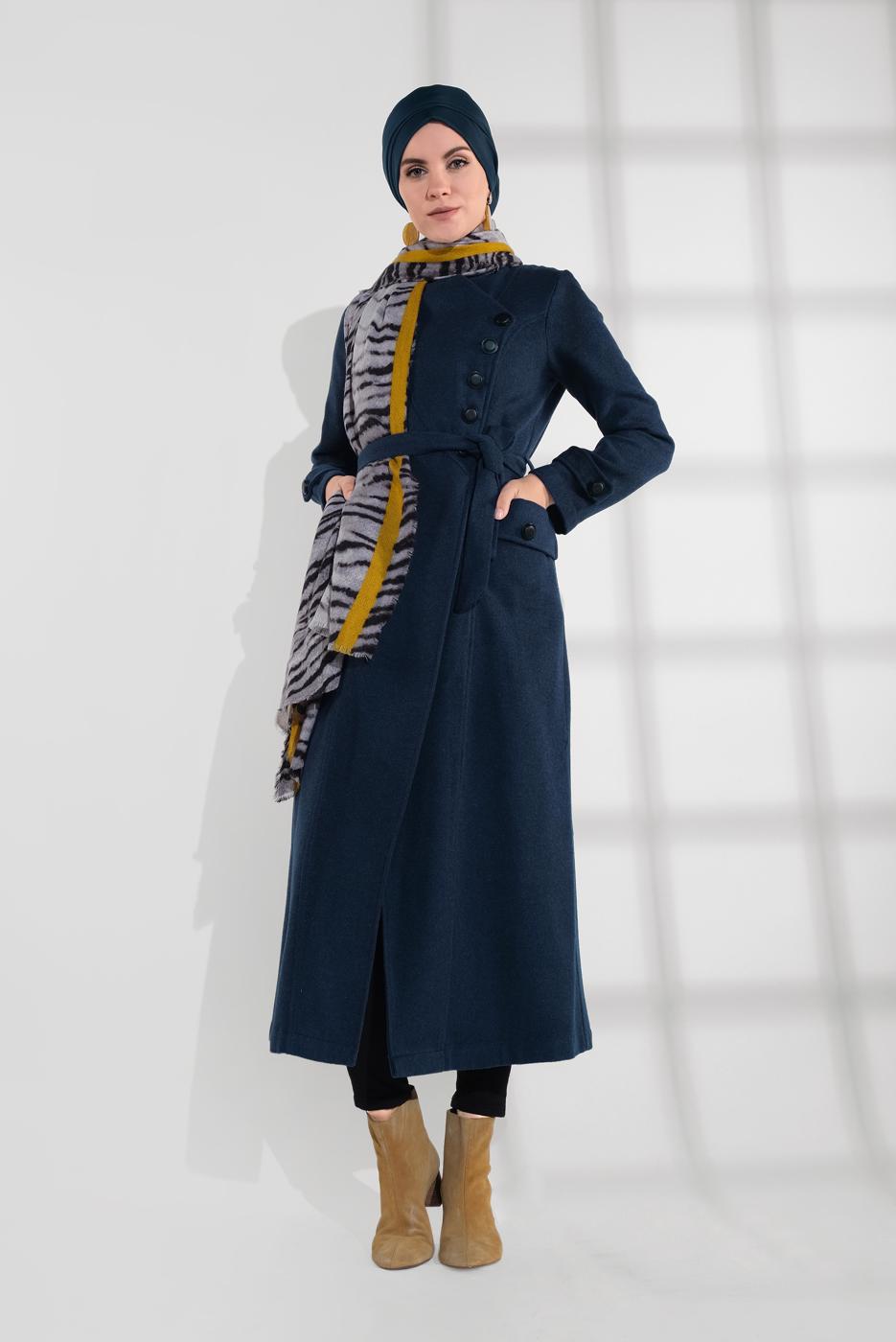 Tesettür giyim MAVİ BELDEN KUŞAKLI PAMUKLU KAŞE KABAN  5945  