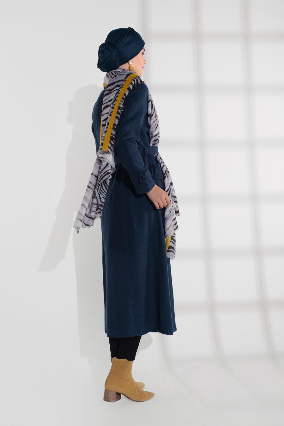 Tesettür giyim MAVİ BELDEN KUŞAKLI PAMUKLU KAŞE KABAN  5945  