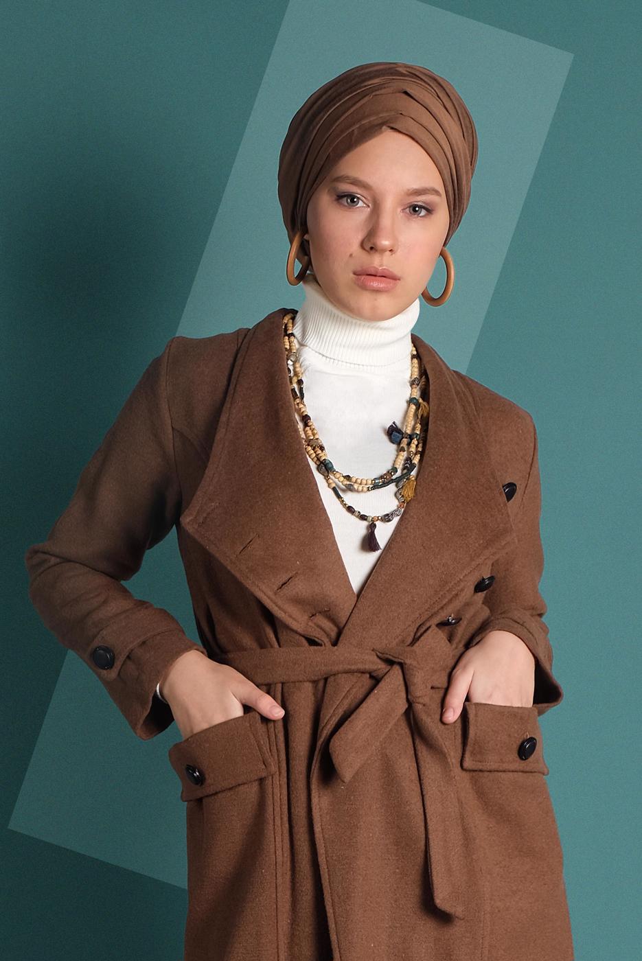 Tesettür giyim TABA BELDEN KUŞAKLI PAMUKLU KAŞE KABAN  5945  