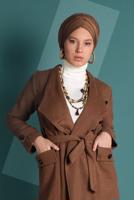 Tesettür giyim TABA BELDEN KUŞAKLI PAMUKLU KAŞE KABAN  5945  