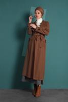 Tesettür giyim TABA BELDEN KUŞAKLI PAMUKLU KAŞE KABAN  5945  