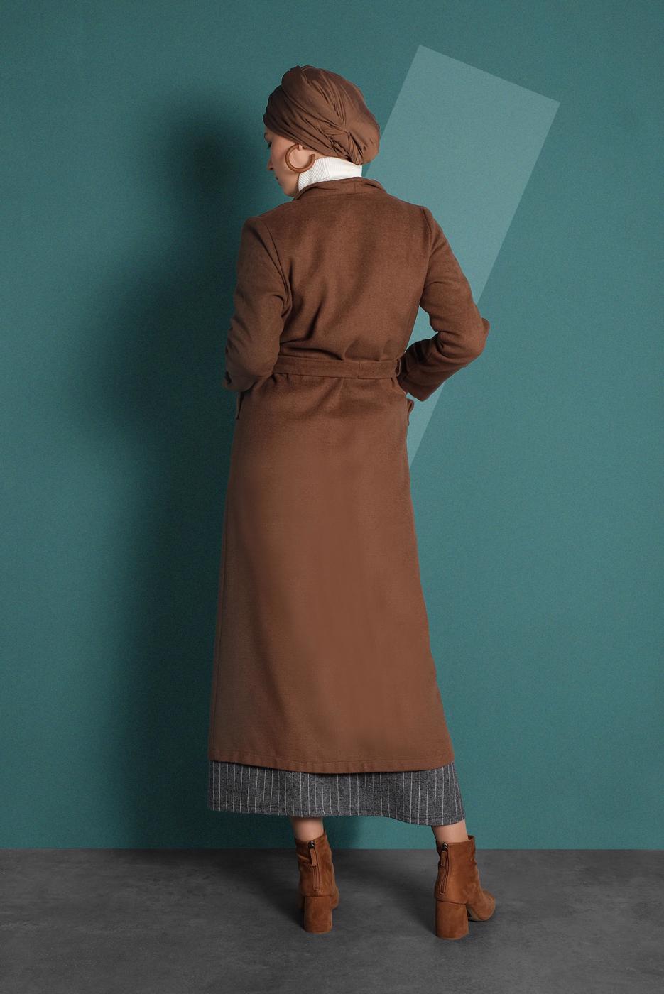 Tesettür giyim TABA BELDEN KUŞAKLI PAMUKLU KAŞE KABAN  5945  