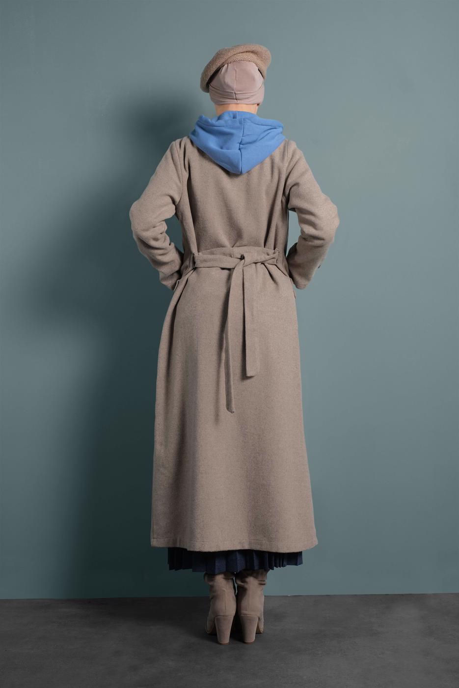 Tesettür giyim VİZON BELDEN KUŞAKLI PAMUKLU KAŞE KABAN  5945  