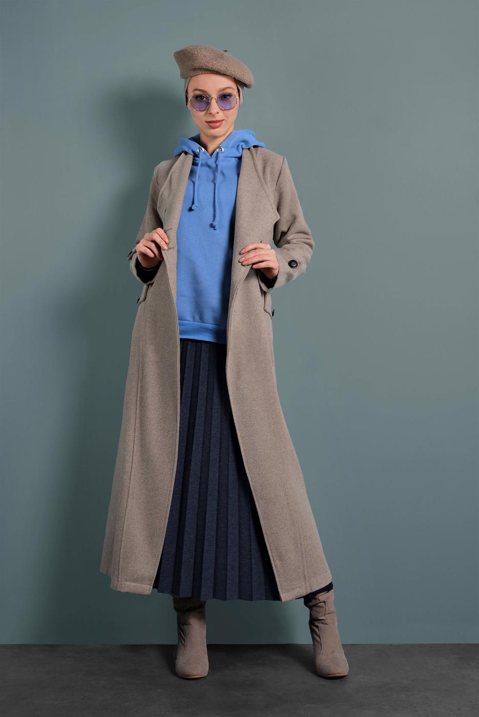 Tesettür giyim VİZON BELDEN KUŞAKLI PAMUKLU KAŞE KABAN  5945  