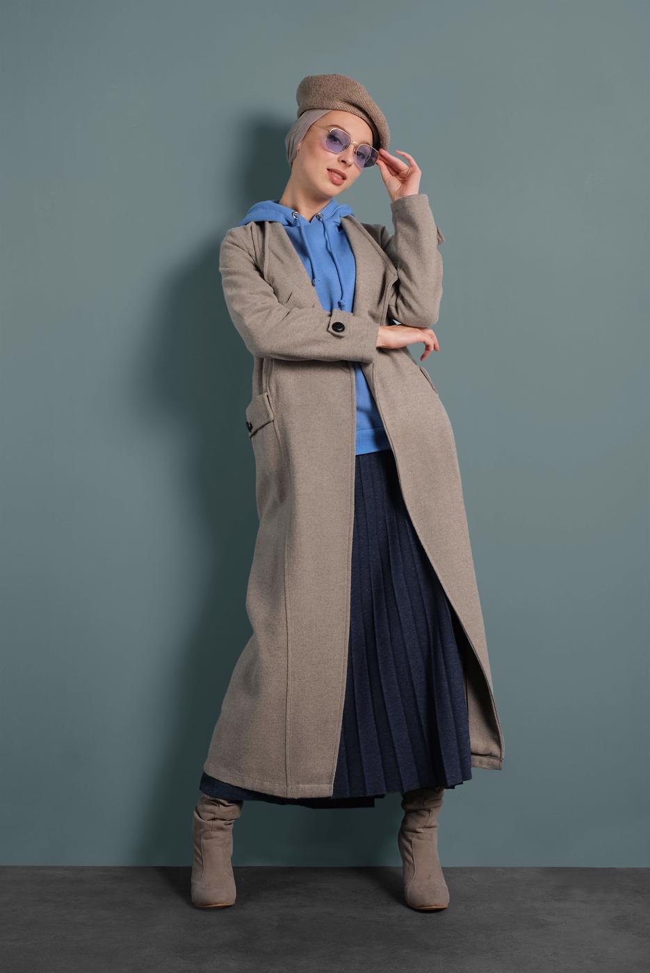 Tesettür giyim VİZON BELDEN KUŞAKLI PAMUKLU KAŞE KABAN  5945  