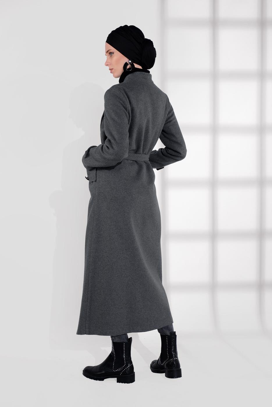 Hijab clothing GREY BELTED COTTON PEACOAT 5945  