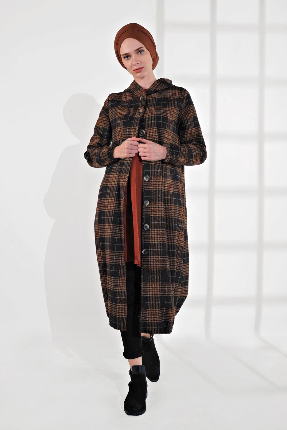 Tesettür giyim TURUNCU EKOSELİ UCU LASTİKLİ KAPÜŞONLU KABAN 7055