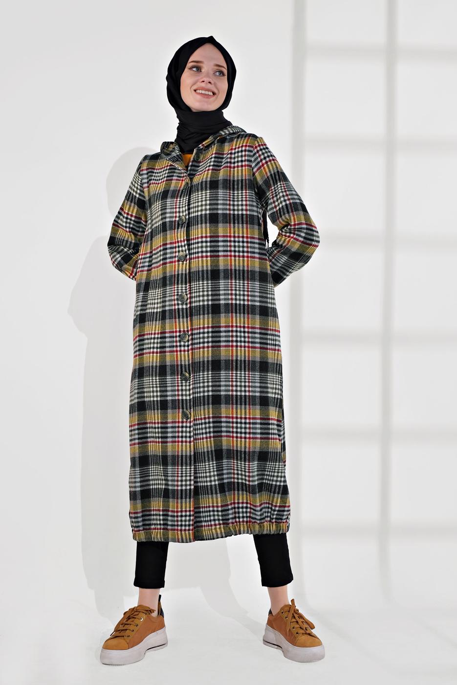 Tesettür giyim HAKİ EKOSELİ UCU LASTİKLİ KAPÜŞONLU KABAN 7055