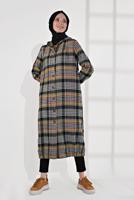 Tesettür giyim HAKİ EKOSELİ UCU LASTİKLİ KAPÜŞONLU KABAN 7055