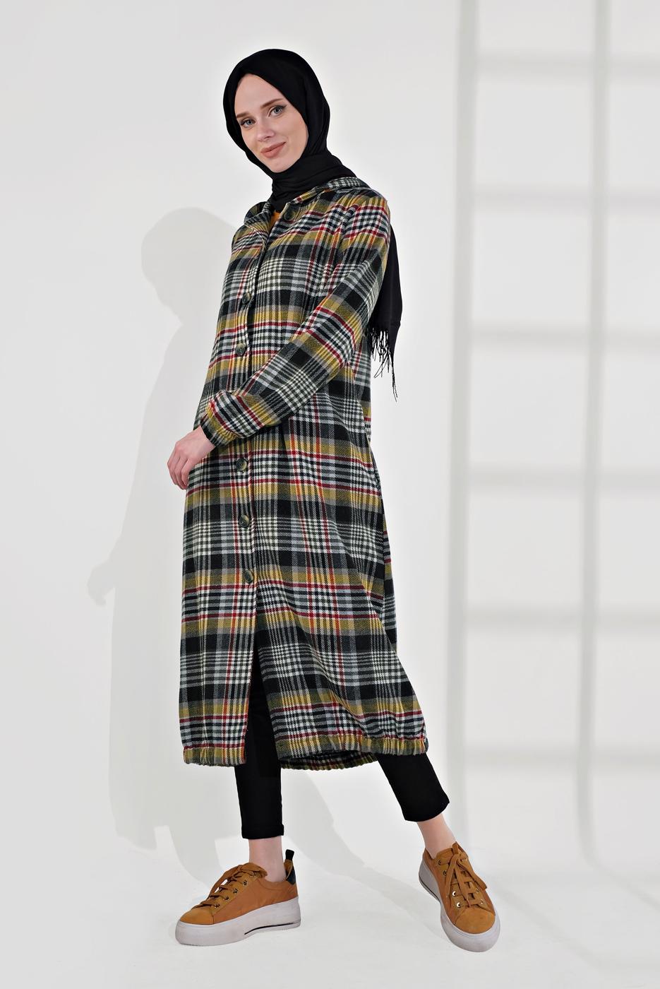 Tesettür giyim HAKİ EKOSELİ UCU LASTİKLİ KAPÜŞONLU KABAN 7055