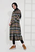 Tesettür giyim HAKİ EKOSELİ UCU LASTİKLİ KAPÜŞONLU KABAN 7055