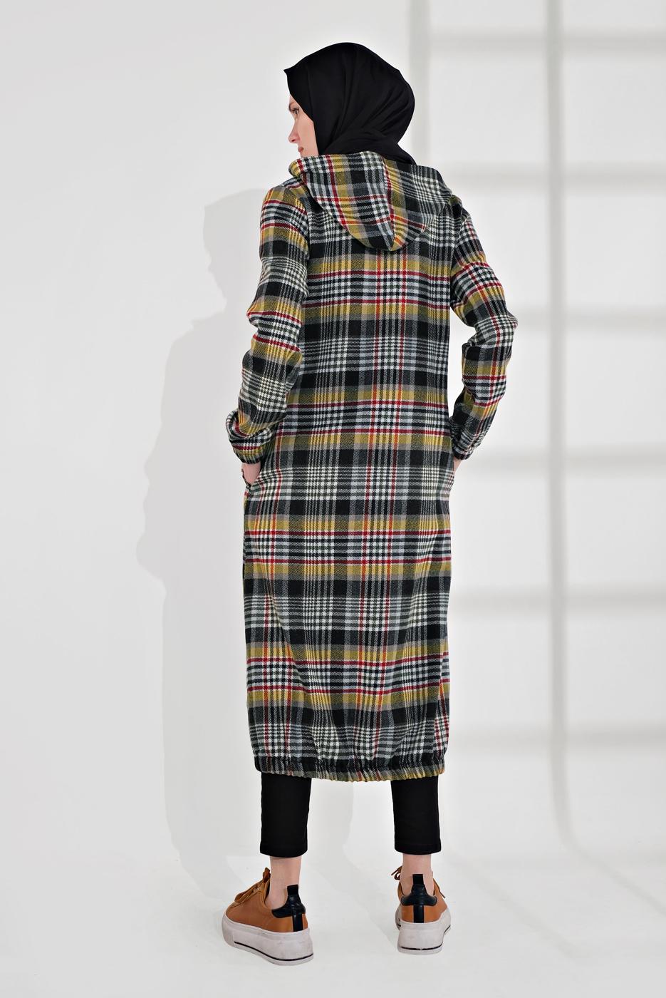 Tesettür giyim HAKİ EKOSELİ UCU LASTİKLİ KAPÜŞONLU KABAN 7055