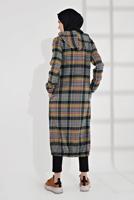 Tesettür giyim HAKİ EKOSELİ UCU LASTİKLİ KAPÜŞONLU KABAN 7055