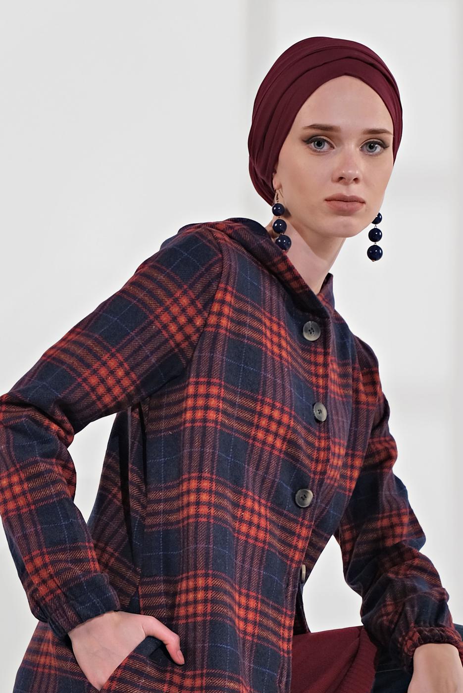 Hijab clothing NAVY BLUE HOODED SMOCKED-HEM PLAID COAT 7055