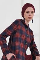 Hijab clothing NAVY BLUE HOODED SMOCKED-HEM PLAID COAT 7055