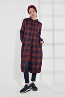 Hijab clothing NAVY BLUE HOODED SMOCKED-HEM PLAID COAT 7055