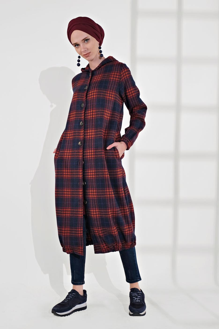 Hijab clothing NAVY BLUE HOODED SMOCKED-HEM PLAID COAT 7055
