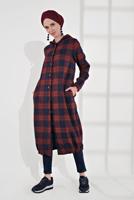Hijab clothing NAVY BLUE HOODED SMOCKED-HEM PLAID COAT 7055