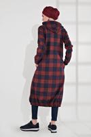 Hijab clothing NAVY BLUE HOODED SMOCKED-HEM PLAID COAT 7055