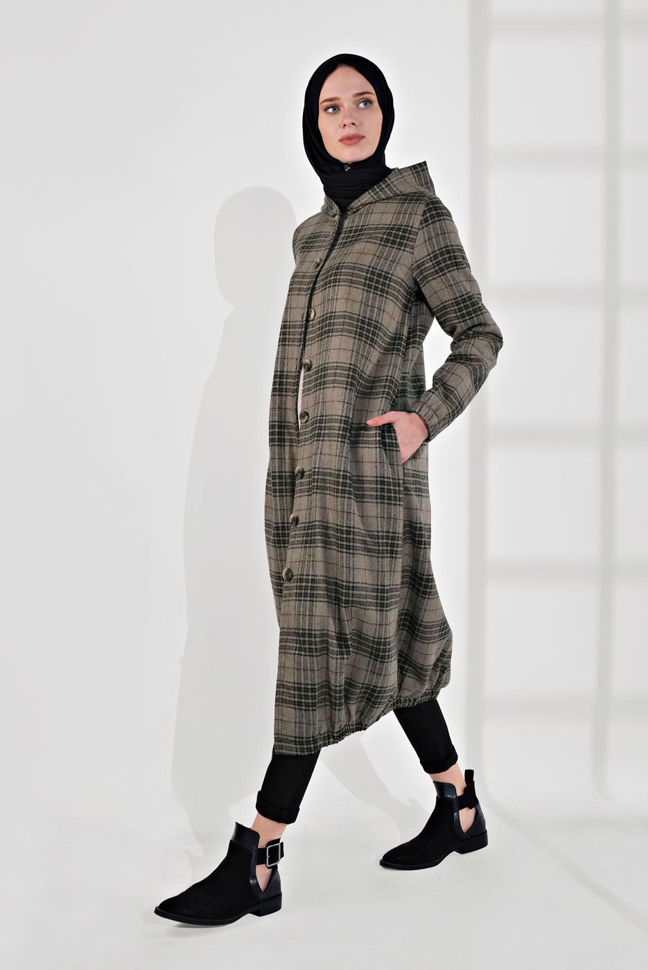 Tesettür giyim VİZON EKOSELİ UCU LASTİKLİ KAPÜŞONLU KABAN 7055