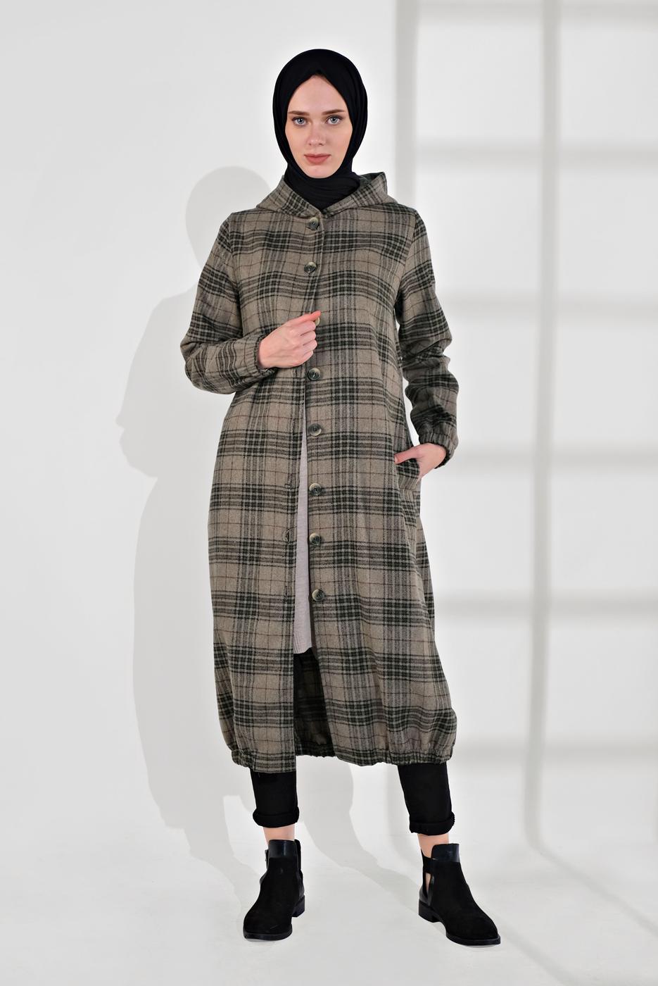 Tesettür giyim VİZON EKOSELİ UCU LASTİKLİ KAPÜŞONLU KABAN 7055