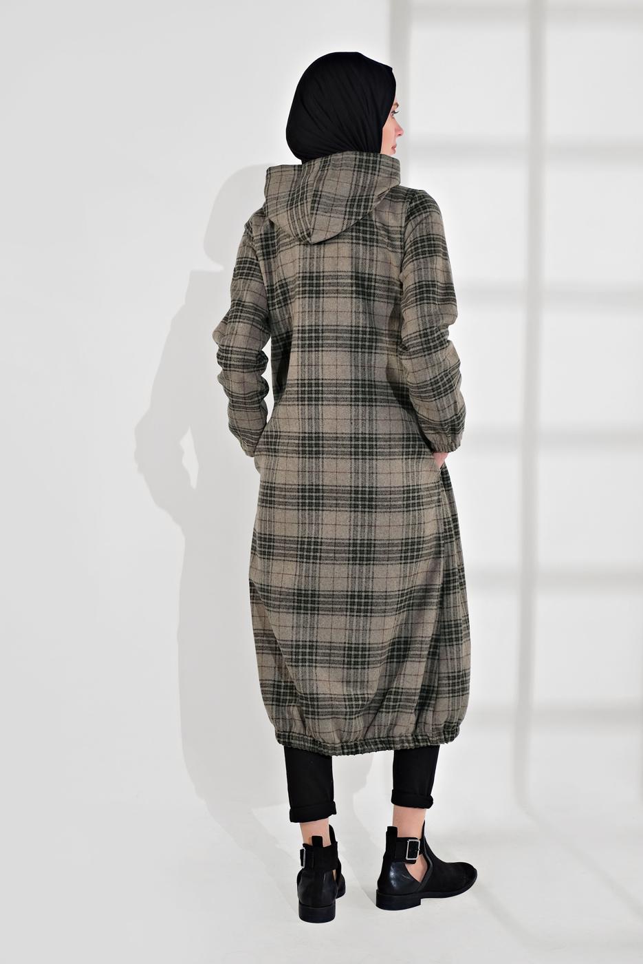 Tesettür giyim VİZON EKOSELİ UCU LASTİKLİ KAPÜŞONLU KABAN 7055