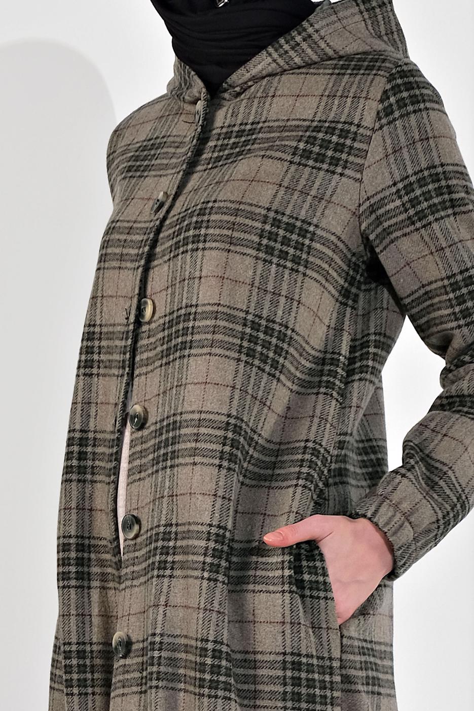 Tesettür giyim VİZON EKOSELİ UCU LASTİKLİ KAPÜŞONLU KABAN 7055