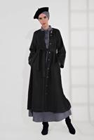 Tesettür giyim SİYAH BELİ KUŞAKLI ÇITÇITLI KABAN 7605