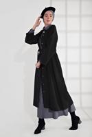 Tesettür giyim SİYAH BELİ KUŞAKLI ÇITÇITLI KABAN 7605