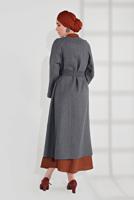 Tesettür giyim GRİ BELİ KUŞAKLI ÇITÇITLI KABAN 7605
