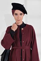 Tesettür giyim BORDO BELİ KUŞAKLI ÇITÇITLI KABAN 7605