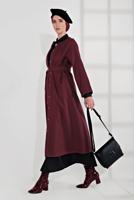 Tesettür giyim BORDO BELİ KUŞAKLI ÇITÇITLI KABAN 7605