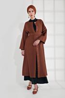 Tesettür giyim KAHVE BELİ KUŞAKLI ÇITÇITLI KABAN 7605