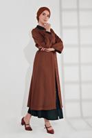 Tesettür giyim KAHVE BELİ KUŞAKLI ÇITÇITLI KABAN 7605