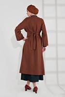 Tesettür giyim KAHVE BELİ KUŞAKLI ÇITÇITLI KABAN 7605