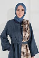 Tesettür giyim MAVİ BELİ KUŞAKLI ÇITÇITLI KABAN 7605