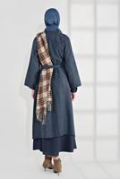 Tesettür giyim MAVİ BELİ KUŞAKLI ÇITÇITLI KABAN 7605