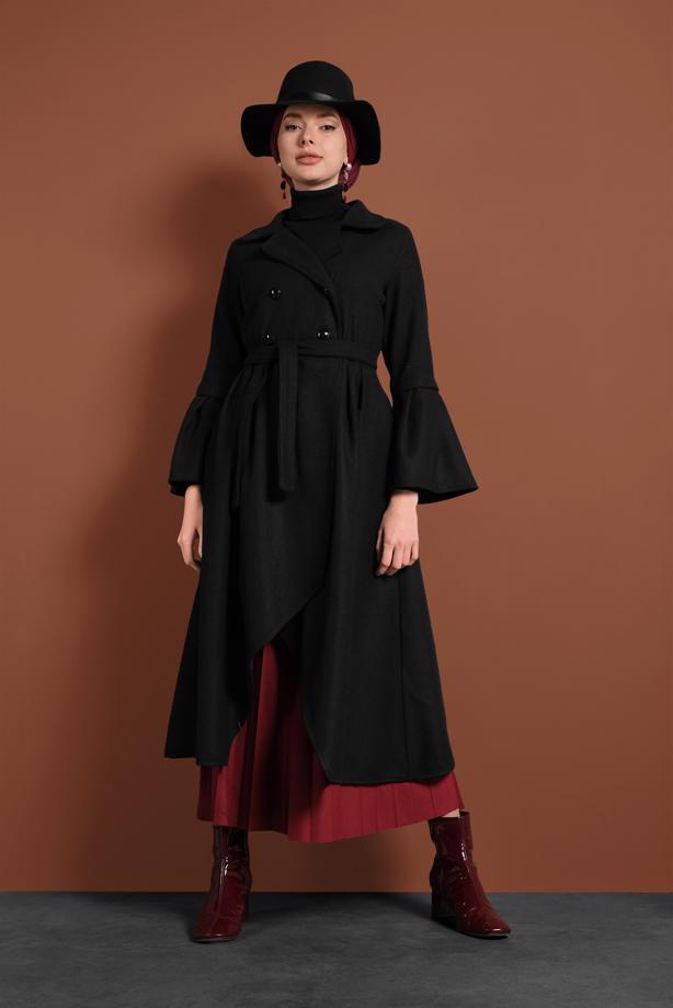 Tesettür giyim  ASİMETRİK KESİM GENİŞ KOL KABAN 7705 - TRENDTESETTÜR