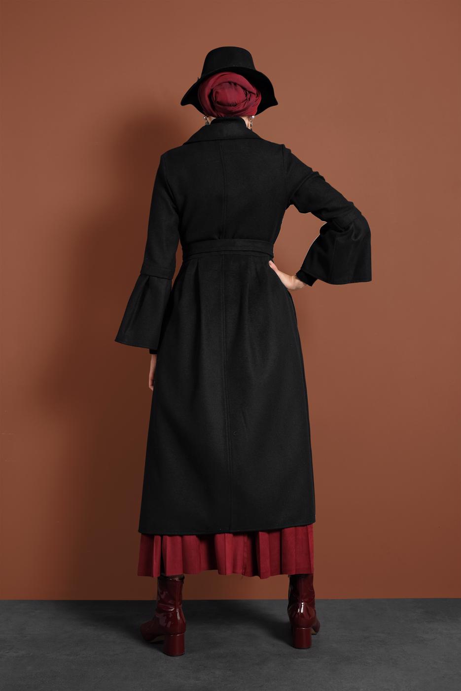 Tesettür giyim SİYAH ASİMETRİK KESİM GENİŞ KOL KABAN 7705