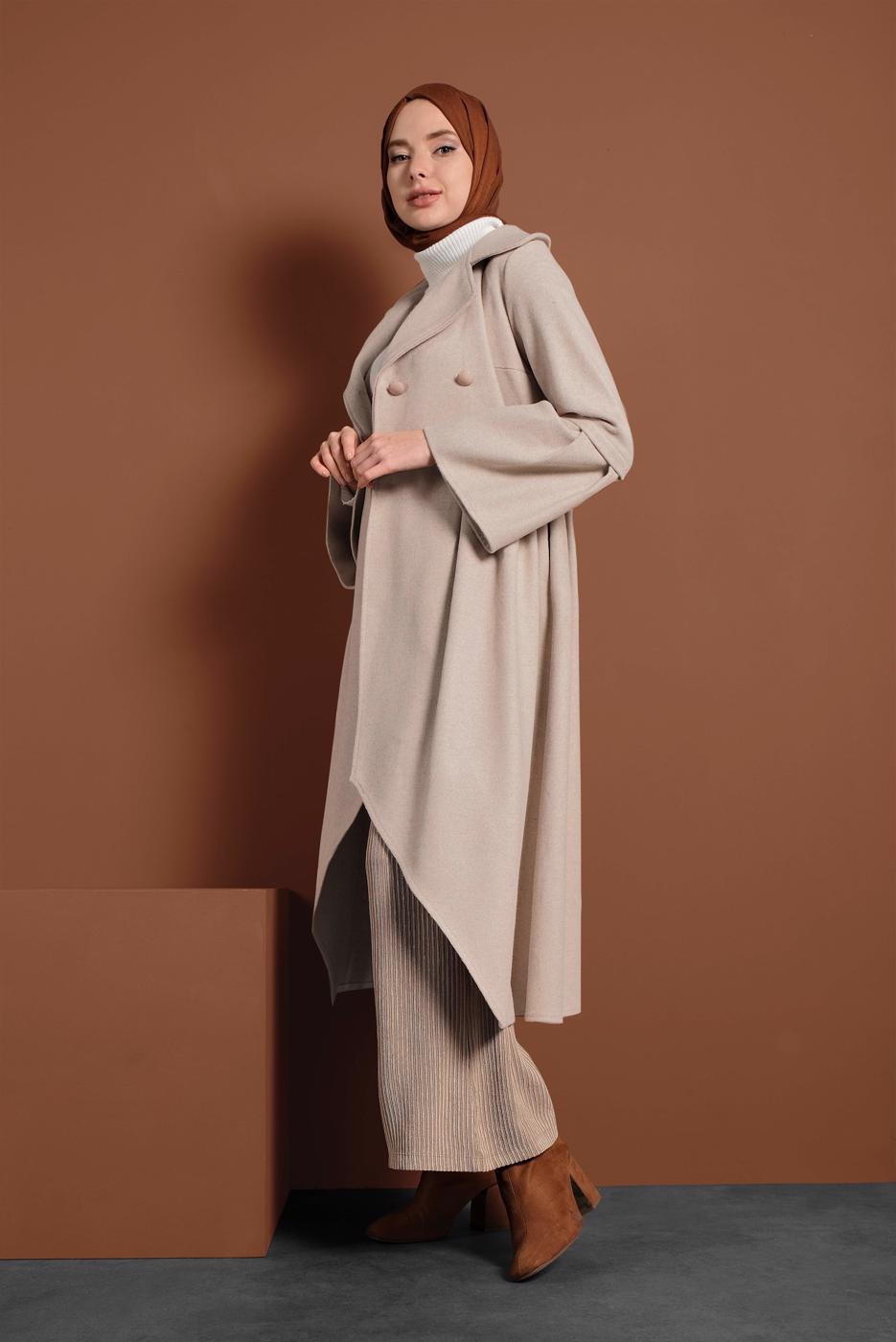 Vêtements hijab BEIGE MANTEAU À ASYMÉTRIQUE AVEC MANCHES À LARGE 7705 