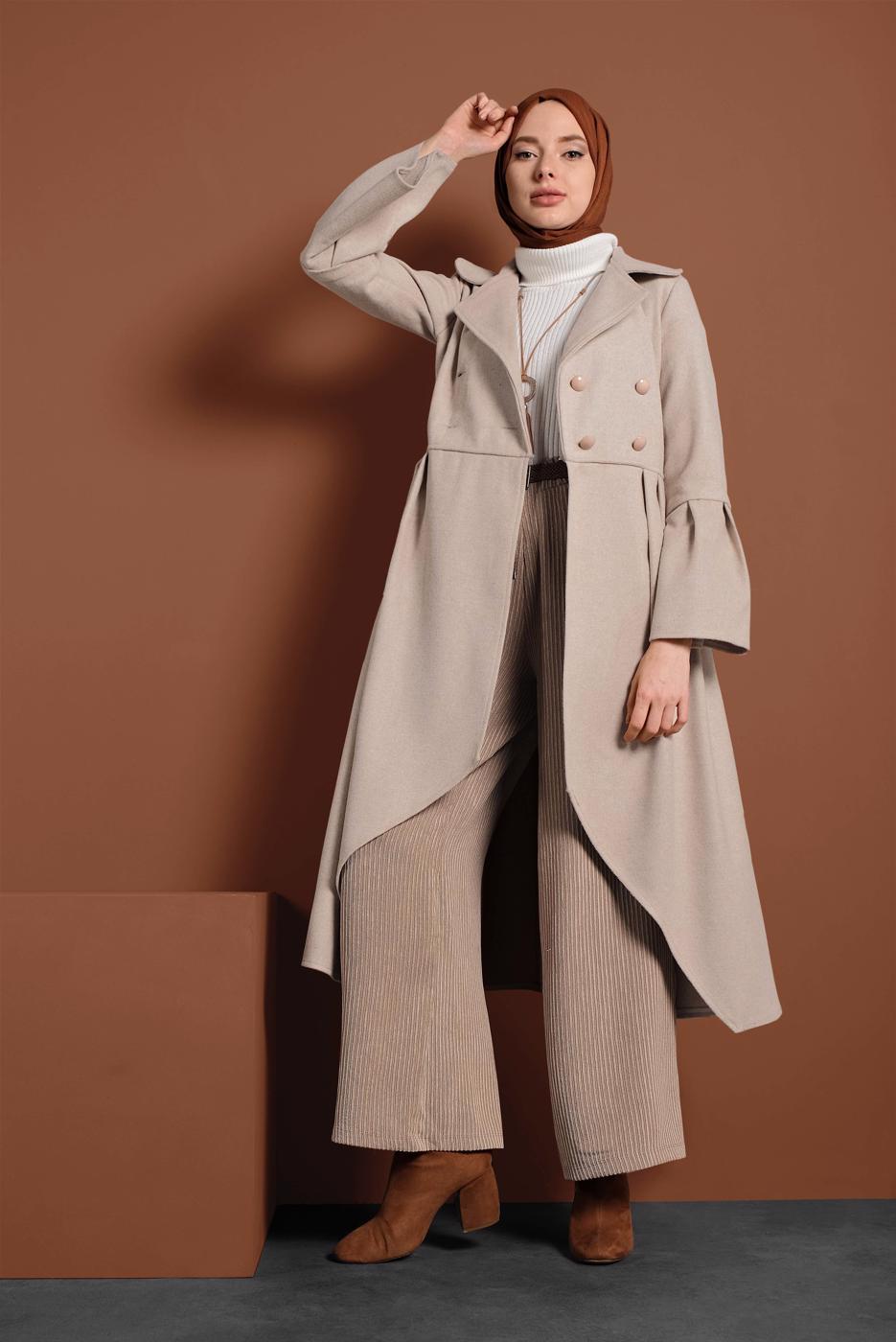 Vêtements hijab BEIGE MANTEAU À ASYMÉTRIQUE AVEC MANCHES À LARGE 7705 