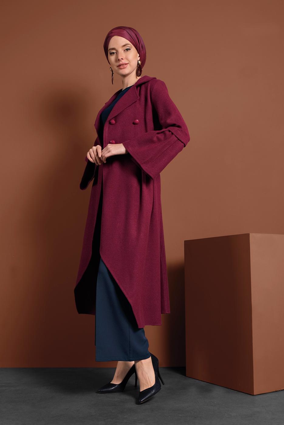 Vêtements hijab ROUGE BORDEAUX MANTEAU À ASYMÉTRIQUE AVEC MANCHES À LARGE 7705 