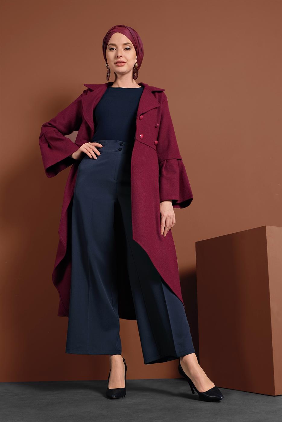 Vêtements hijab ROUGE BORDEAUX MANTEAU À ASYMÉTRIQUE AVEC MANCHES À LARGE 7705 