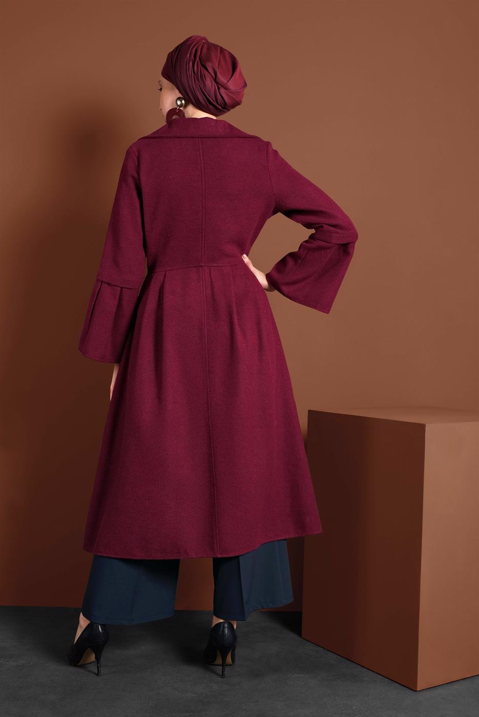 Vêtements hijab ROUGE BORDEAUX MANTEAU À ASYMÉTRIQUE AVEC MANCHES À LARGE 7705 