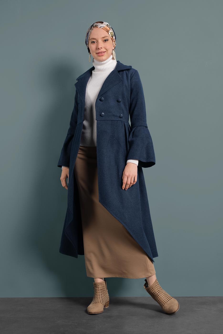 Vêtements hijab BLEU MANTEAU À ASYMÉTRIQUE AVEC MANCHES À LARGE 7705 