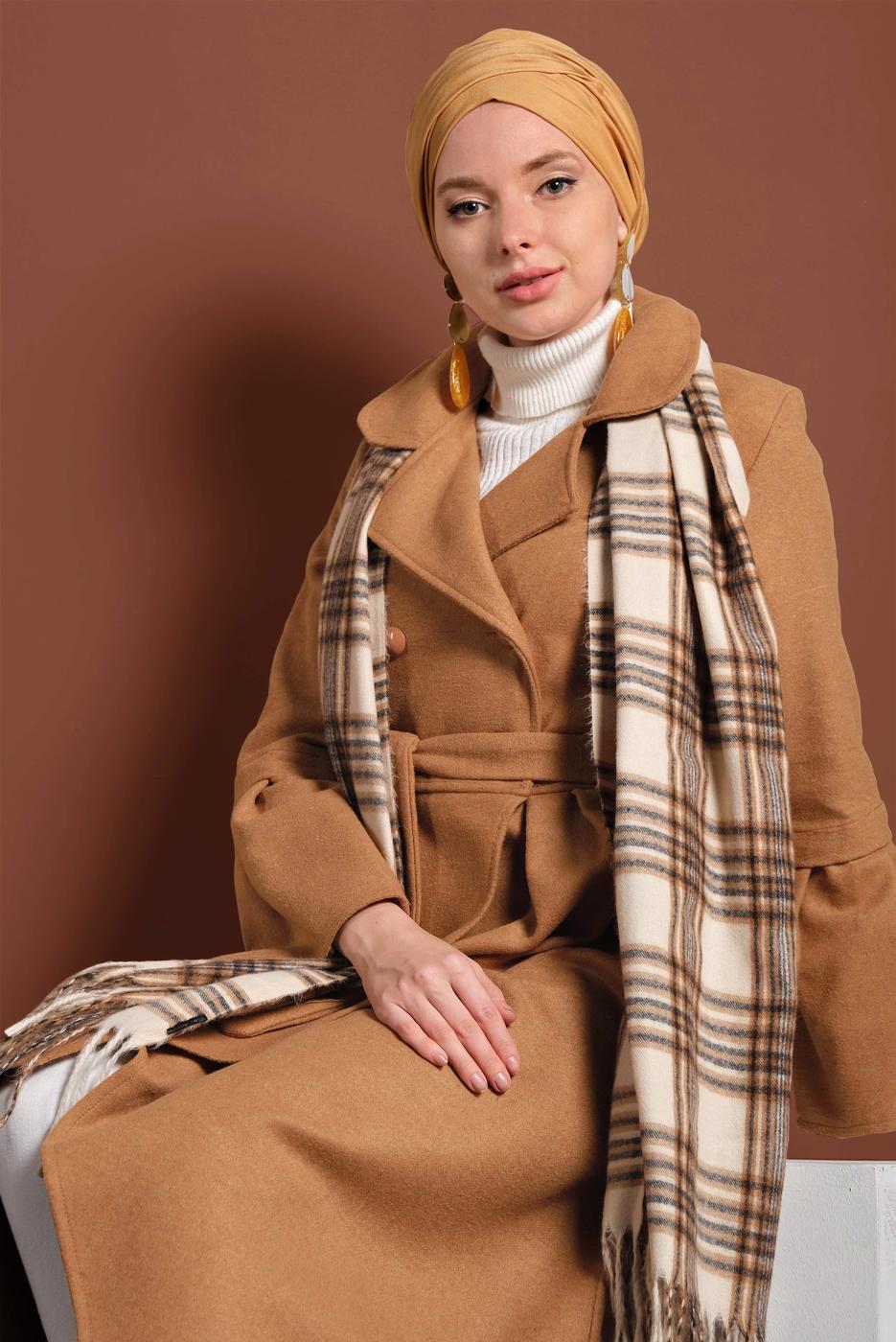 Tesettür giyim TABA ASİMETRİK KESİM GENİŞ KOL KABAN 7705