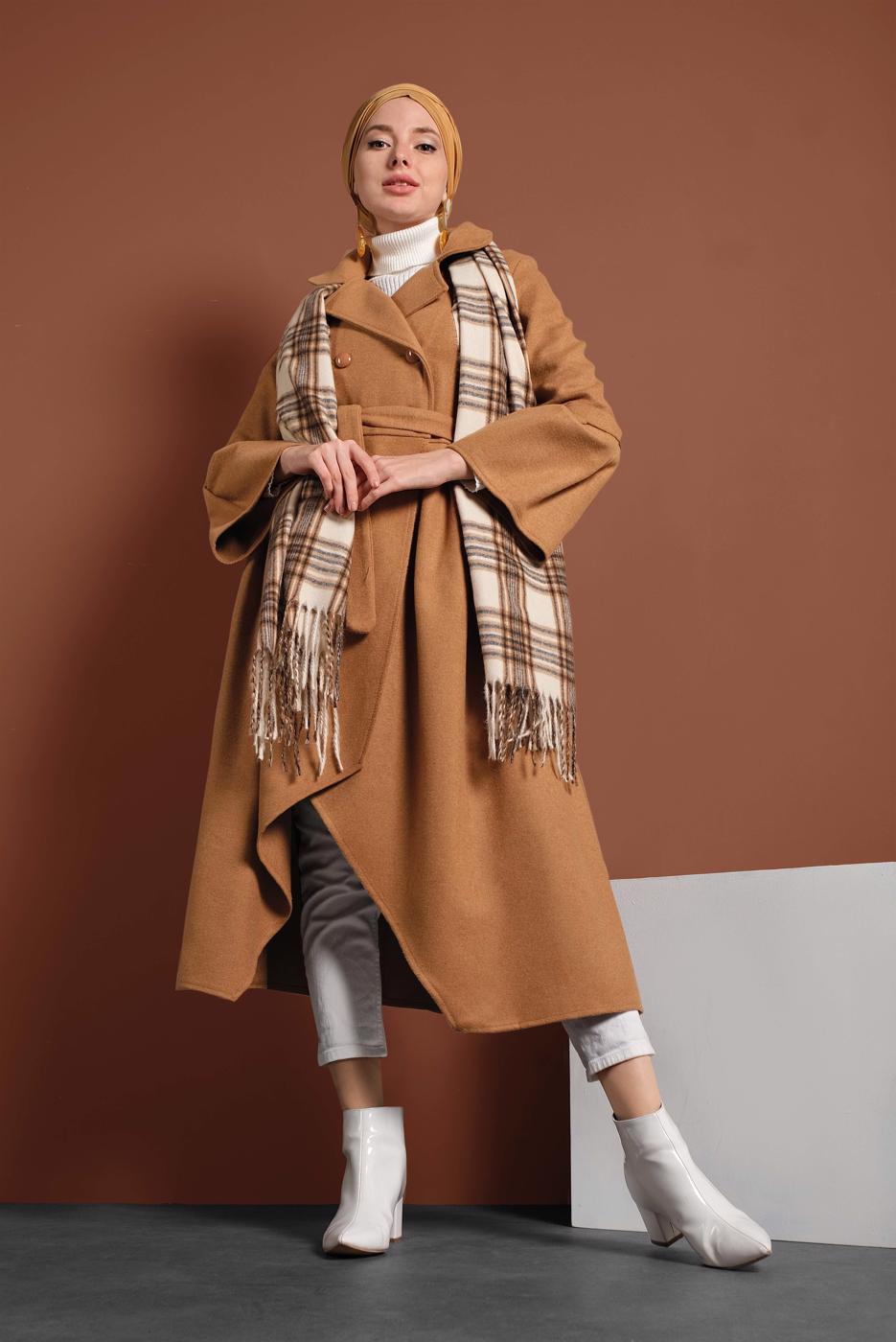 Tesettür giyim TABA ASİMETRİK KESİM GENİŞ KOL KABAN 7705